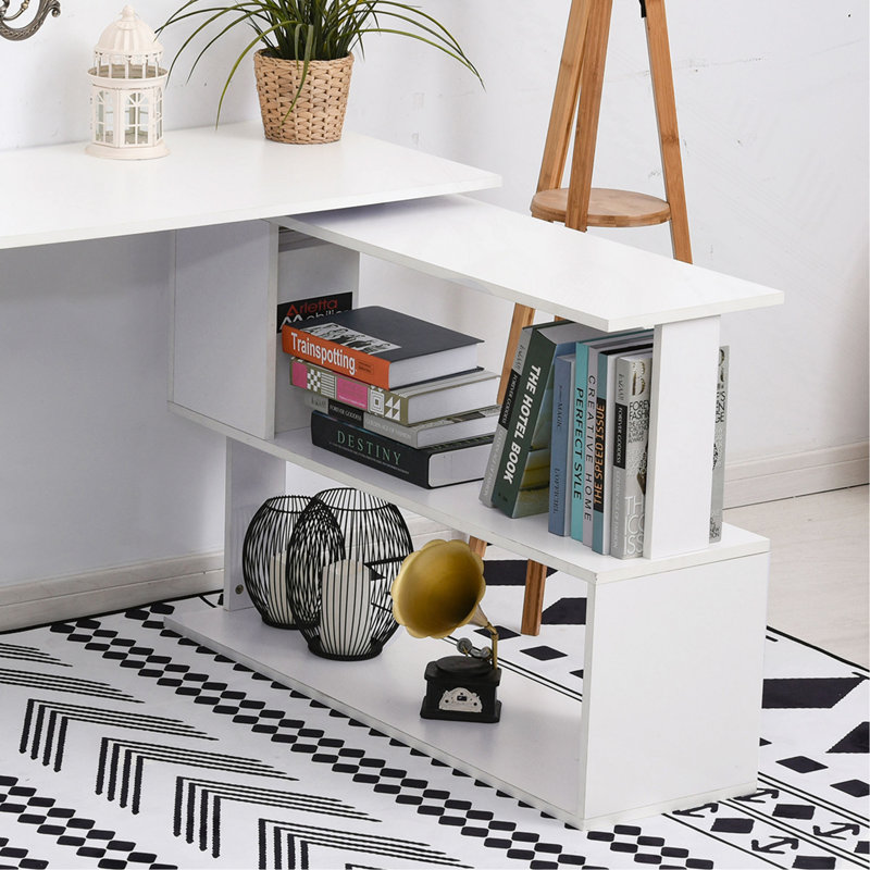 L Shaped Corner Desk, 360 Degree Rotating Home Office Desk With Storage Shelves, Writing Table Workstation, White