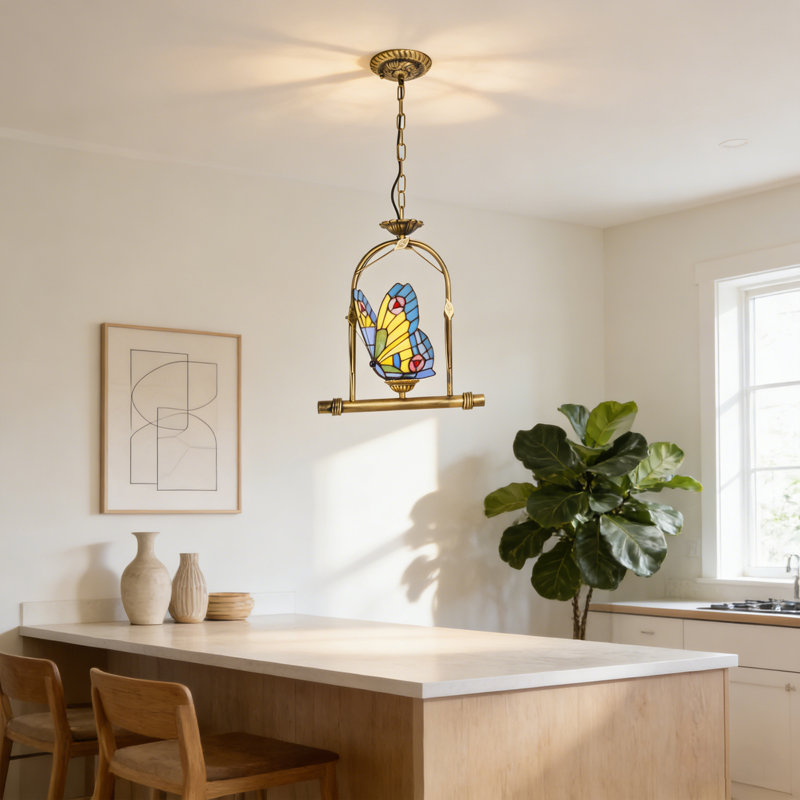 1- Light Butterfly Tiffany-Style Stained Glass Pendant Light For Bedroom & Dining Room Dimmable