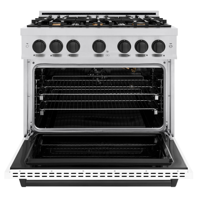 ZLINE Autograph Edition 36 in. 5.2 cu. ft. Classic Gas Range with 6 Burner Cooktop and Convection Gas Oven in Stainless Steel with Black Matte Door and Accents
