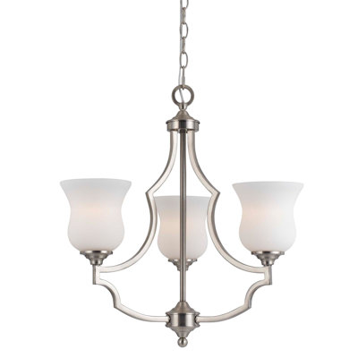 Brushed Steel 22"H 3 Light Chandelier With Frosted White Glass Shades E26 60W Metal 6 Foot Chain