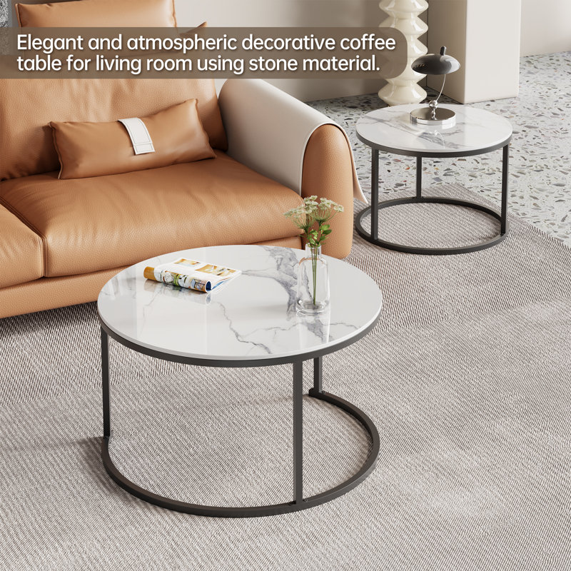 Sintered Stone Top Nesting Coffee Table Set, 18" H x 27" L x 27" W, White