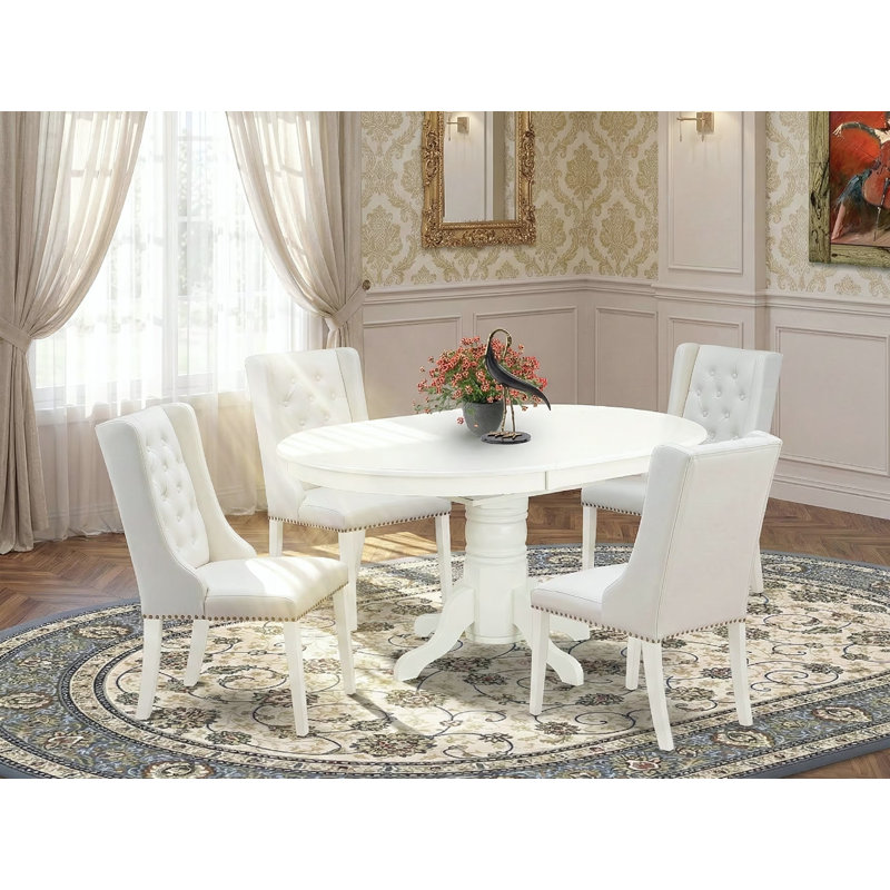 5 Piece Dining Table Set Includes an Oval Kitchen Table with Butterfly Leaf and 4 Light grey Faux Leather Upholstered Chairs, Linen White