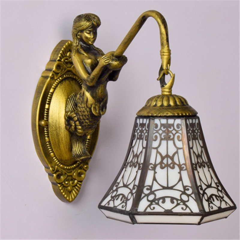 Retro Brass Wall Sconce Tiffany Mermaid Arm Wall Lamp