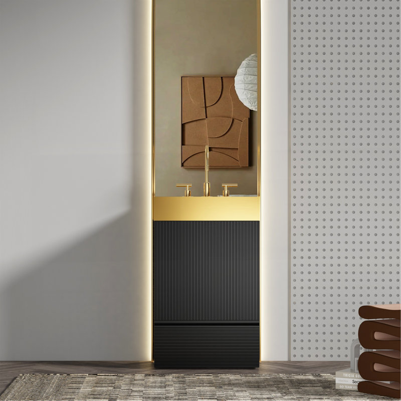 Meuble-lavabo rayé noir mat Gada de 20 po avec lavabo intégré en acier inoxydable brossé or 304, armoire de salle de bain autoportante pour salle de bain moderne, KD