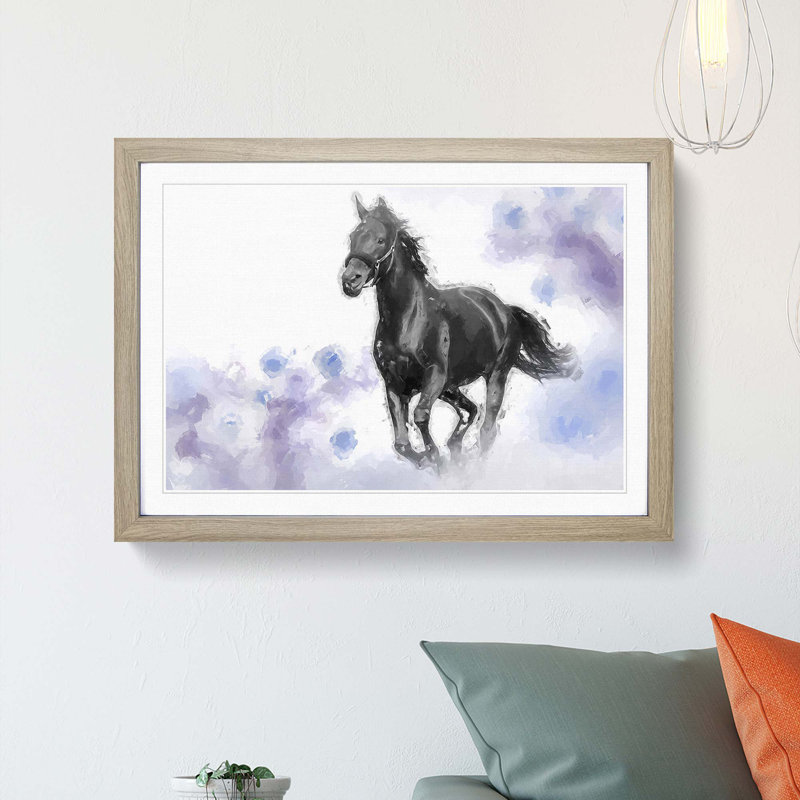 Wild Black Horse in Abstract - Picture Frame Graphic Art Print, 35cm H x 50cm W x 2cm D, Oak