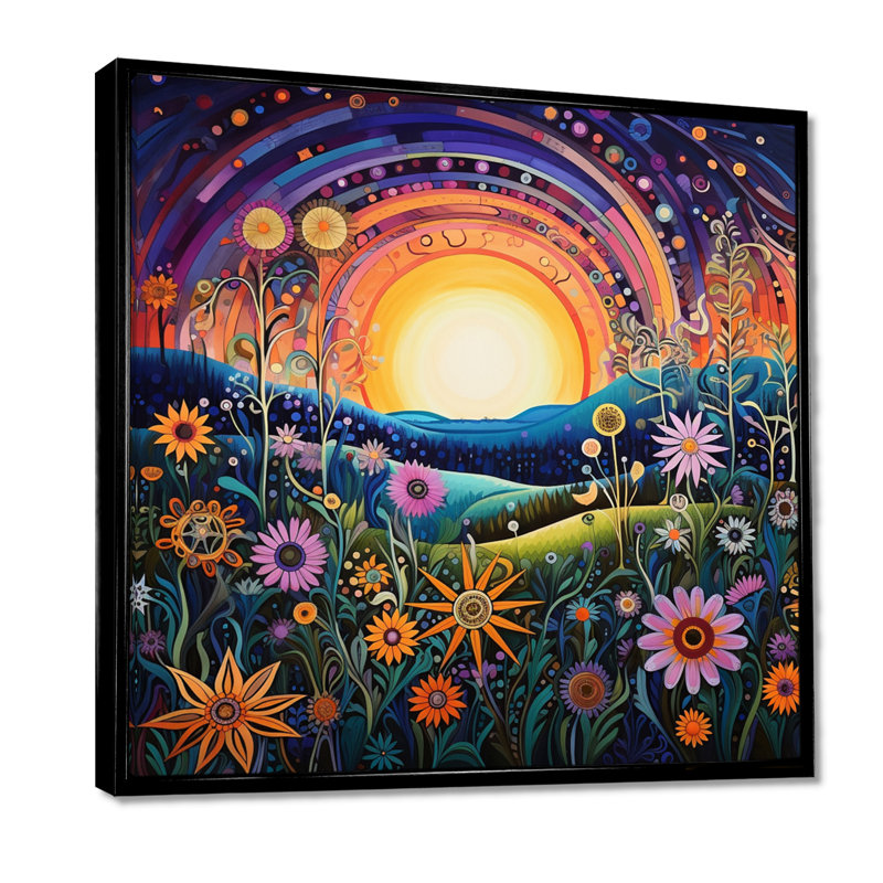 Rainbow Sunset, fleurs printanières colorées - prairie, art mural, Toile avec cadre flottant noir, H 16 po x l 16 po x P 1 po