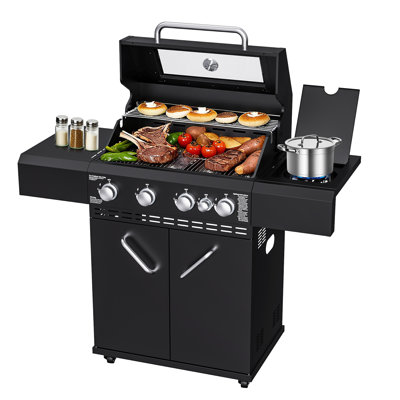 50000 Btu Propane Gas Grill With Side Burner, 4 Burners Bbq Grill- Double-layer Lid, With Visual Glass, Stainless Steel Grids And Easy-clean Grease Management For Perfect Bbq