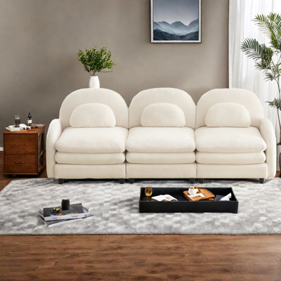 Cloud Soft 3 Seat Sofas, Teddy Fabric Modern Curved Couch For Home