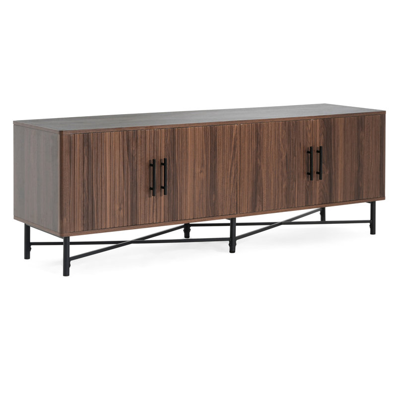Meuble télé 4 portes, plateau spacieux et décor, châtaignier, armoire d'organisation multimédia avec tablette réglable et gestion des câbles intégrée pour l'installation, l 66 po x P 18 po H 23 po, convient à la décoration intérieure