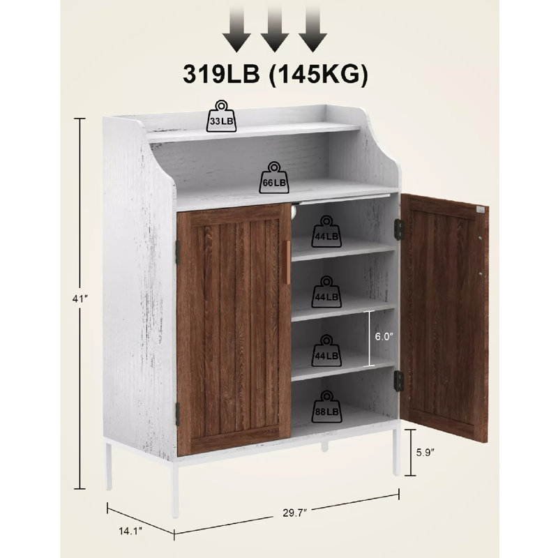 Armoire de rangement à chaussures blanche à 4 niveaux pour vestibule avec tablettes réglables, Blanc / Brun