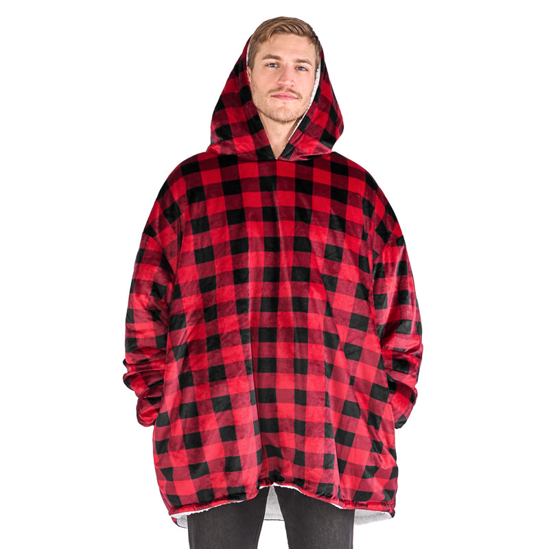 Couverture en sherpa à capuche portable, Carreaux Buffalo - rouge / noir, Adulte
