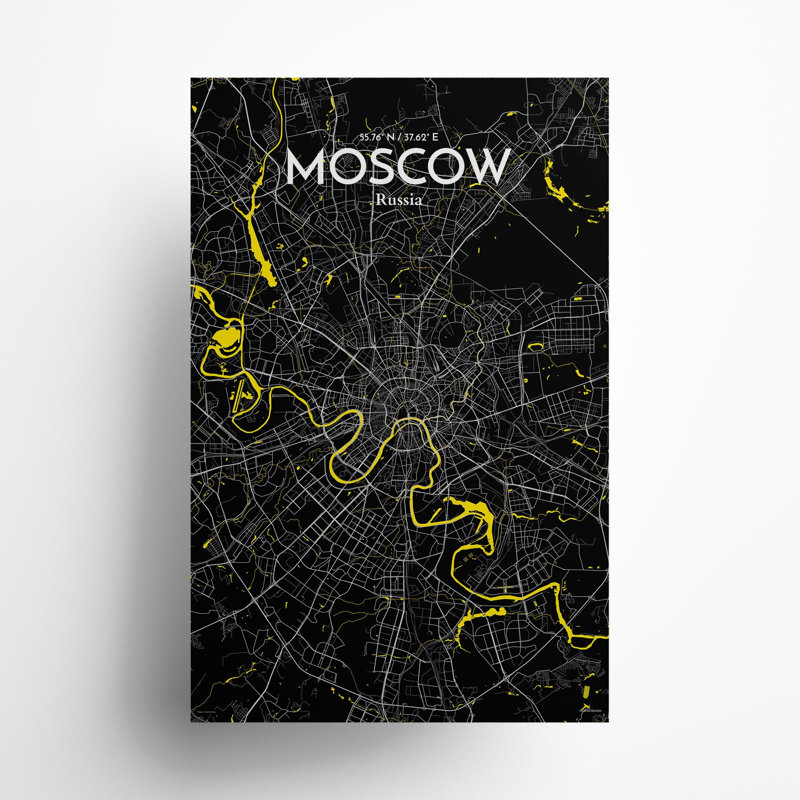 «Moscow City Map», impression, H 17 po x l 11 po, Noir / Jaune
