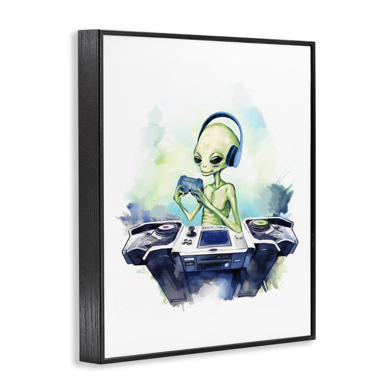 Tech Alien jouant à des jeux vidéo, estampe numérique, design par Lil 'Rue, H 14 po x l 11 po, Giclée encadrée noir minuit