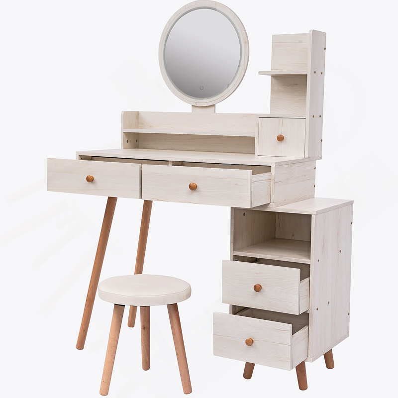 Table de coiffeuse + tabouret rembourré, miroir à DEL tactile, armoire de rangement grande capacité, 5 tiroirs, meubles de maquillage tendance, longueur réglable