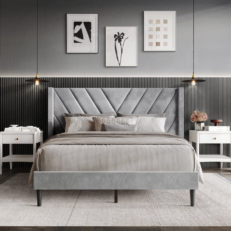 Elegence Wingback Platform Bed, Queen, Silver Gray