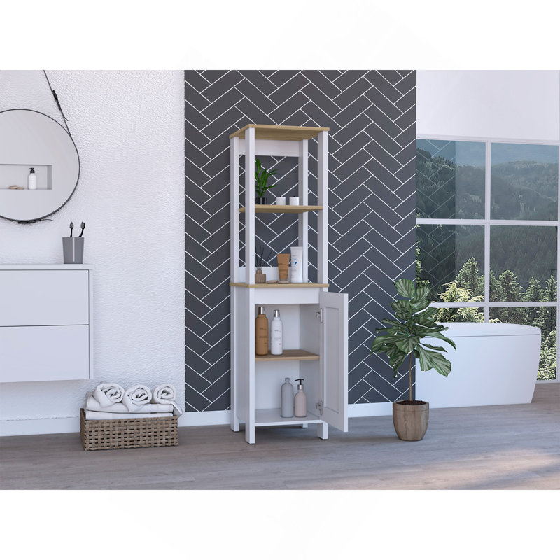 Armoire à linge Jannès, deux tablettes ouvertes, une porte, finition chêne clair / blanc, Chêne clair
