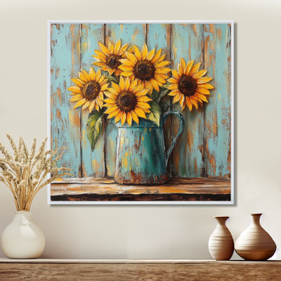 Tournesol, art mural de tournesol, toile de pichet en émail, tournesols dans un pichet en émail