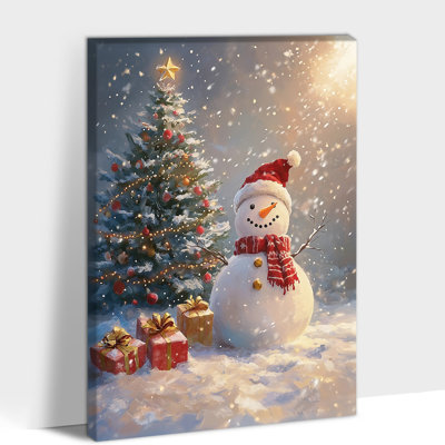 Toile de Noël, décorations murales, bonhomme de neige d'hiver festif et arbre de Noël, impressions sur toile, peinture de vacances douillettes, images murales saisonnières gaies pour salon, chambre à coucher, rassemblement familial, 8 x 12 pouces