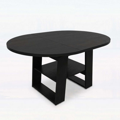 Extendable Round-to-Oval Dining Table with Flip-Up Leaf, Storage Shelf, and Stable H-Shaped Base for 4-6 People