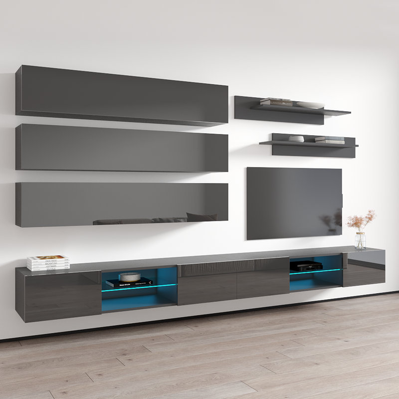 Meuble audio-vidéo mural flottant de 126 po avec éclairage à DEL 16 couleurs Leverette, Gris
