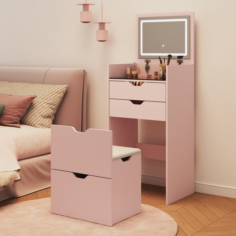 3-In-1 Dressing Table Set With LED Mirror, 3 Lighting Modes, 2 Drawers, And Storage Stool, Pink