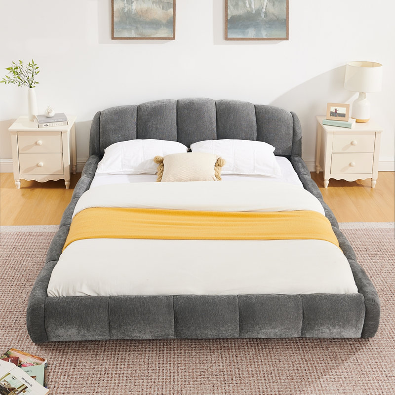 Élégante base de lit tapissier en chenille élégante, tête de lit épaisse incurvée et pied de lit enveloppé, lit de plancher à profil bas, aucun sommier requis, assemblage facile