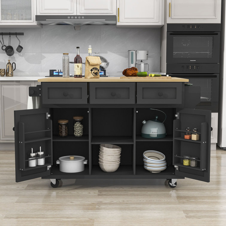 Red Barrel Studio® Kitchen Cart with Rubber Wood Drop-Leaf Countertop, Kitchen  Island with Storage Cabinet and 3 Drawer