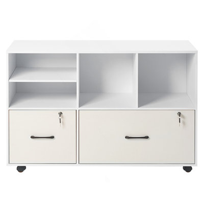 Classeur en bois à 2 tiroirs, classeur mobile avec tablettes ouvertes, rangement à dossiers latéral verrouillable avec tablettes réglables, support pour imprimante autoportant pour école de bureau à domicile