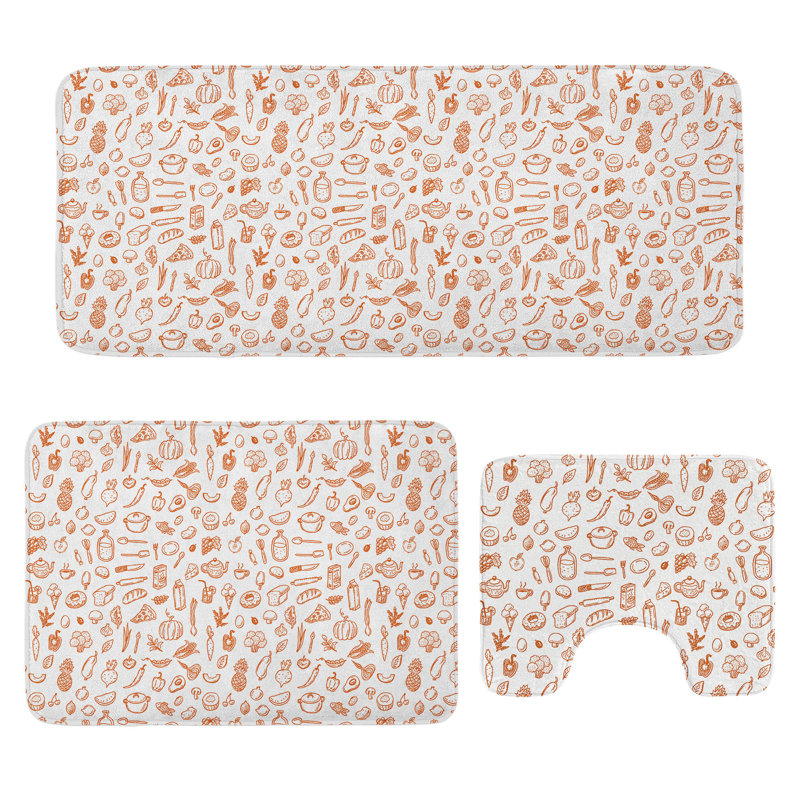  Food Art Bathroom Rug Set 3 Pieces U-Shape & Rectangle Mats Burnt Orange White