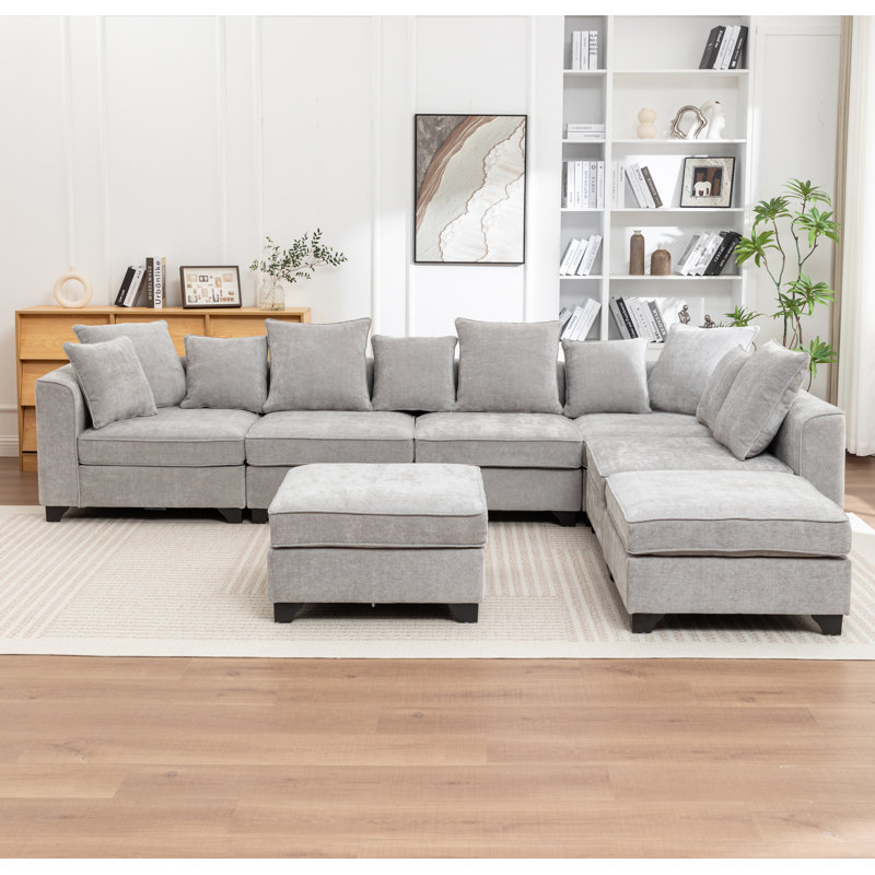 Canapé modulaire en L 7 pièces Bennett, Gris chenille