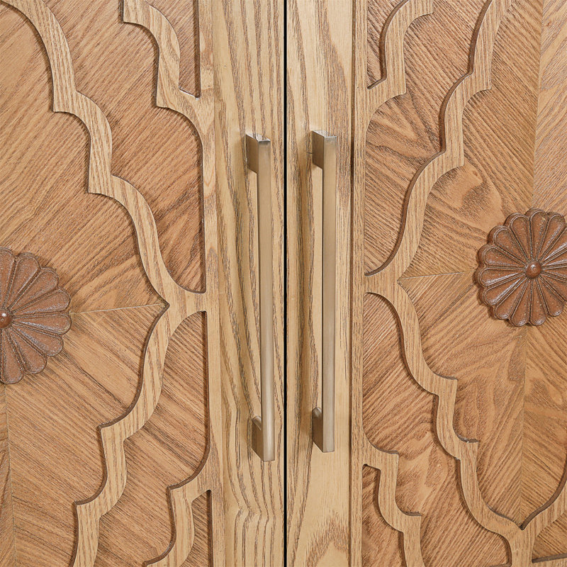 Wood Storage Cabinet with Carved Door and Metal Handle, Versatile and Stylish for Home Decor, Natural