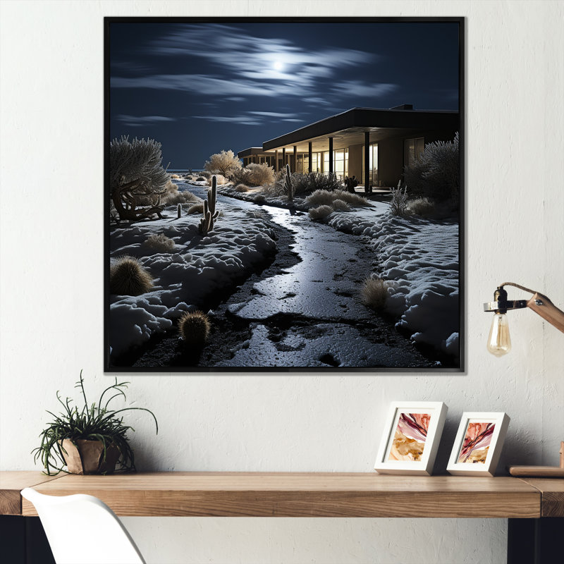 Snowy Winter Hotel Lodges sur impression sur toile, Cadre flottant noir, H 24 po x l 24 po x P 1 po