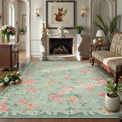  Kaldi Floral Washable Vintage Soft Non Slp Pink 8X10 Area Rugs for Living Room Bedroom Dining Room Low Pile Ultra-Thin Boho Carpet