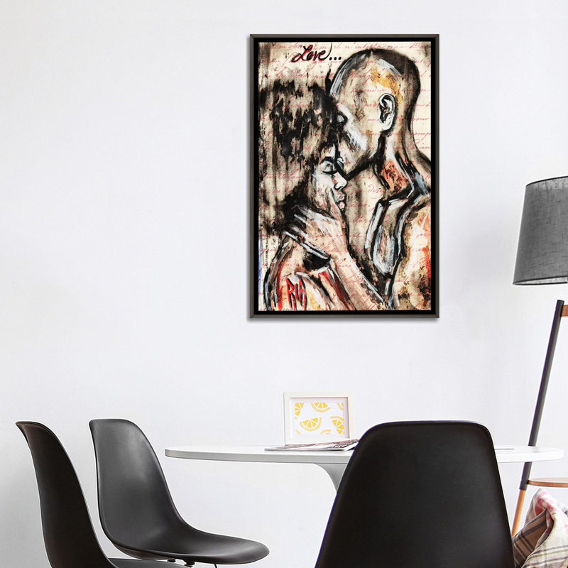 «Love Story» par l'artiste Ria - reproduction d'art, H 40 po x l 26 po x P 1,5 po, Toile encadrée de bois rustique foncé