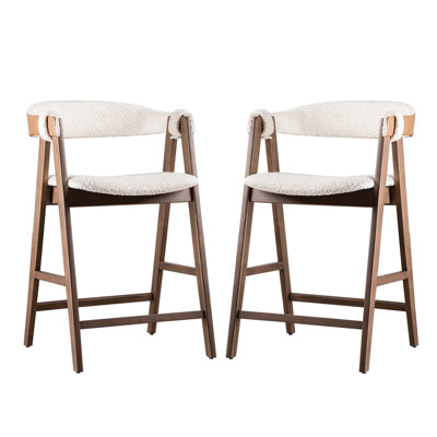 Ebik Counter Stool Chair Set Of 2, Walnut Brown Wood, Beige Boucle by Benjara