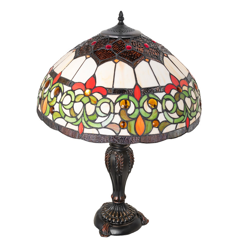 26" Mahogany Bronze Table Lamp with Ruby and Green Stained Glass Shade
