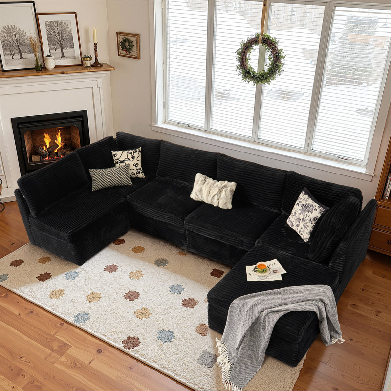 Canapé modulaire en velours côtelé en forme de U / l, 6 sièges, avec repose-pieds, combinaison aléatoire, Velours côtelé noir