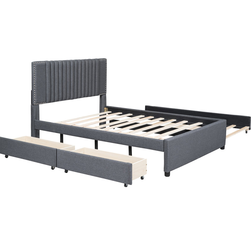 Lit plateforme double tapissier gris avec 2 tiroirs de rangement et un lit gigogne, style classique et fabrication en contreplaqué, chambre à coucher à utilisation optimale, tête de lit à assemblage facile