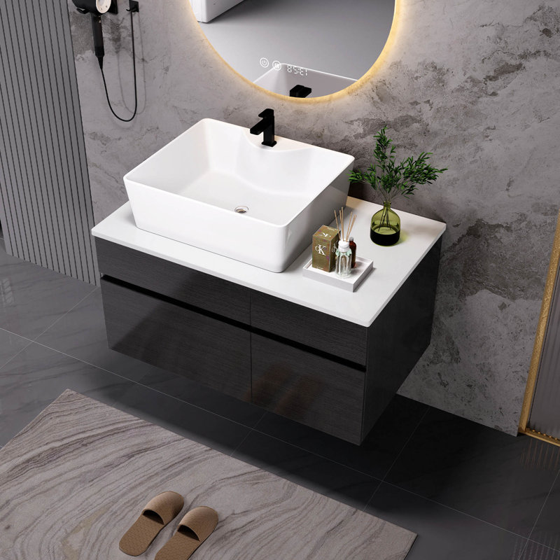 Petit meuble-lavabo flottant simple 31,5 "avec lavabo, Black