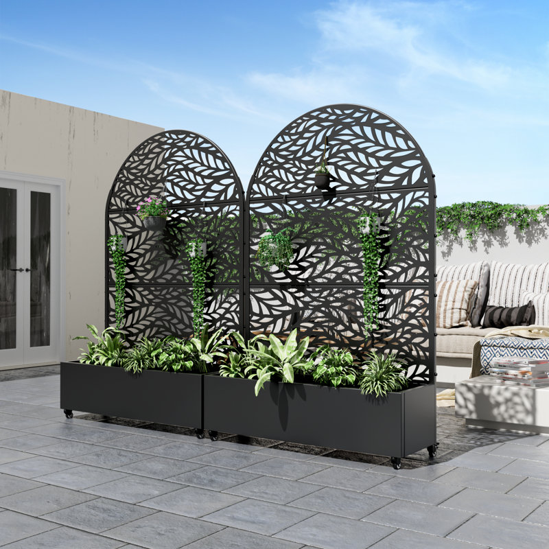 Arch Metal Planter Box with Trellis with Wheels, 72" H x 47" W x 16" D