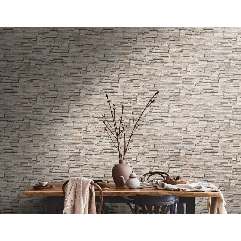 Bricks and More Collection Granite Stone Effect Wallpaper Roll, Cream