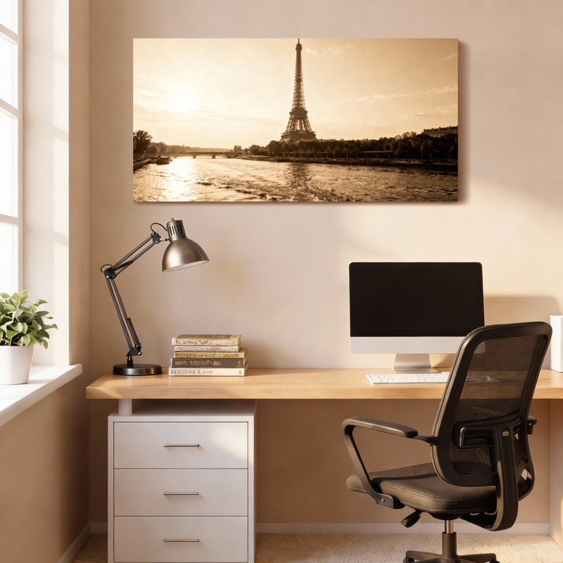 Ensemble de 1 tableau sur toile tendue représentant la Tour Eiffel et la ligne d'horizon de Paris en tons sépia
