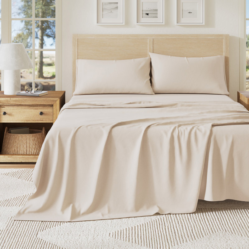 Ultra-Soft Cotton Heathered Melange Jersey Knit Sheet Set, Oatmeal, Full with 2 Pillowcases