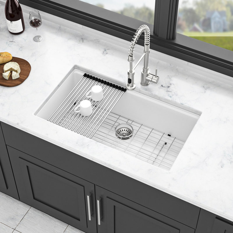 White Granite Composite Undermount Kitchen Sink 33X19" - Resilient Workstation With Feature Additions Quartz
