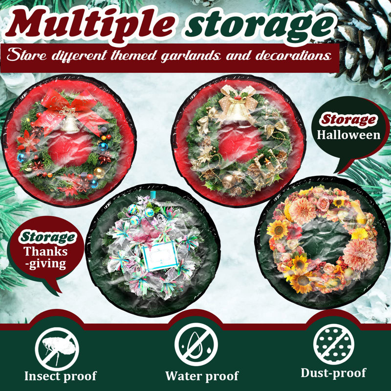 Red and Green Tear Resistant Fabric Christmas Wreath Storage Bags with Clear Window