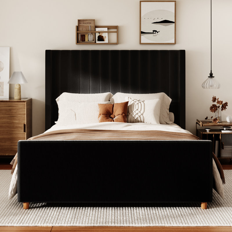  Plainfield Velvet Upholstered Wingback Platform Bed with Headboard and Footboard, Queen, Black