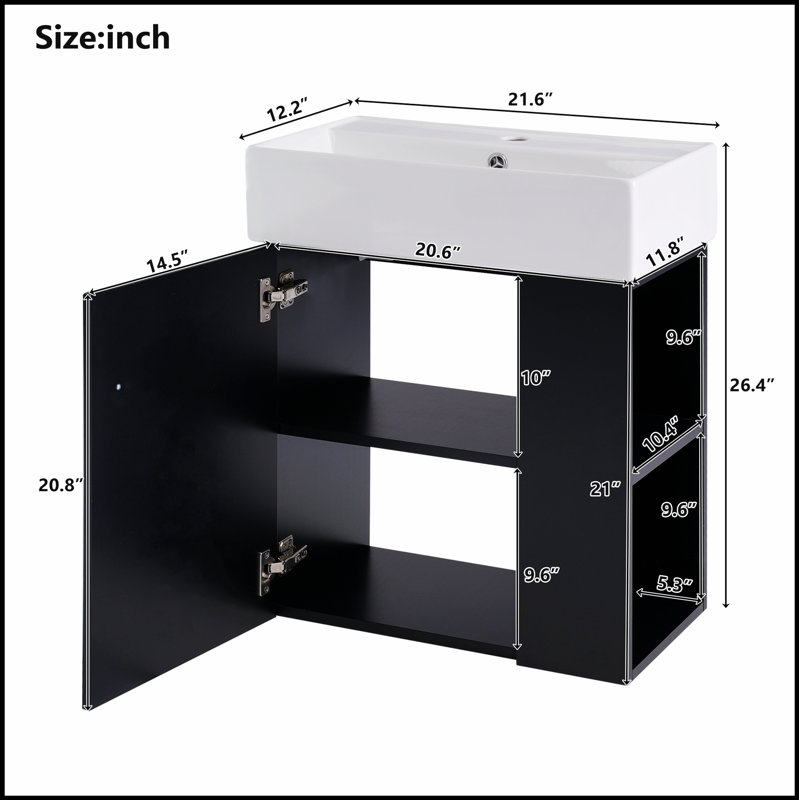 Meuble-lavabo flottant moderne de 21,6 po avec lavabo en céramique et rangement à droite, parfait pour les espaces compacts