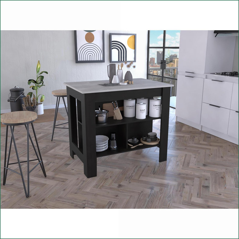 Îlot de cuisine avec rangement, marbre noir moderne Ibiza | 4 pieds 3 tablettes | Panneau de particules | Multicolore
