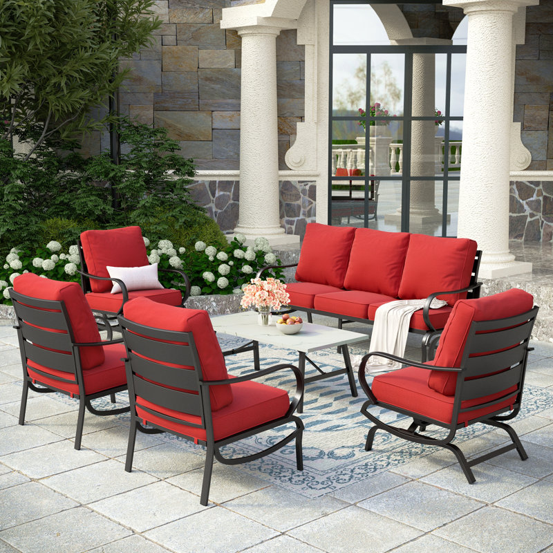 Tapasi 7 - Person Patio Conversation Set with 2 Rocking Lounge Chairs  & Sofa, Red