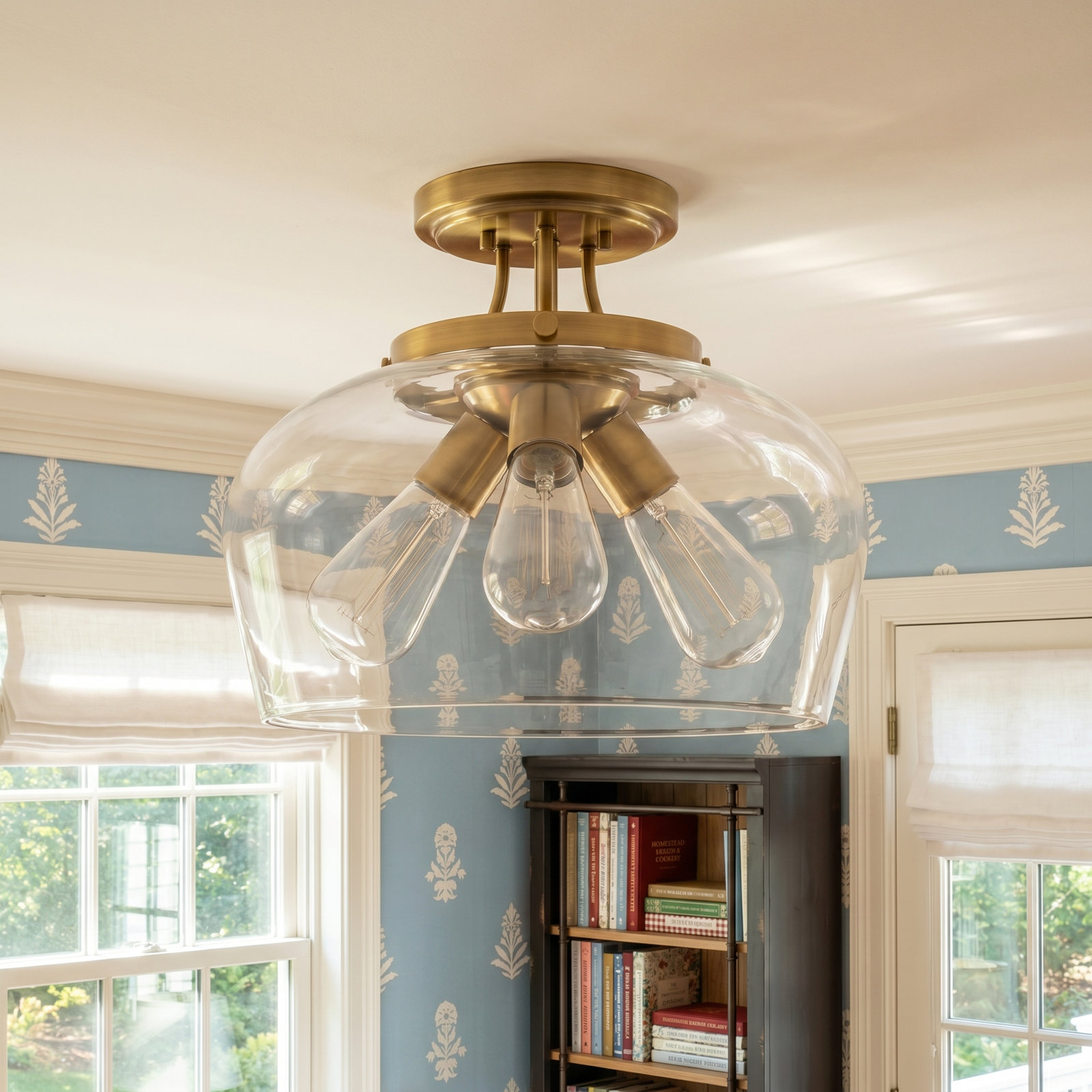Breena 3-Light Semi Flush Mount, Warm Brass, Clear
